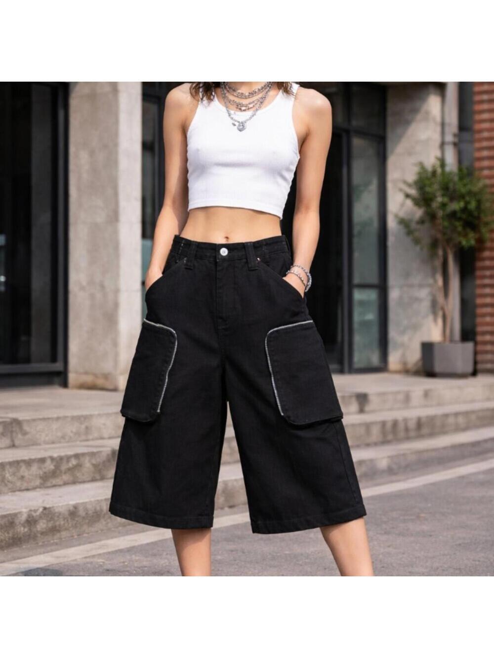 Black Y2K Skater Grunge Goth Edgy Long Cotton Denim Bermuda Shorts Zip Cargo S